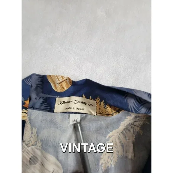 Vintage Kilohana Clothing Co. Hawaiian Kimono Robe Navy Palm & Ukulele Print M/L